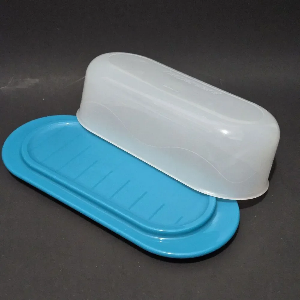 Tupperware Impressions Small Butter Dish Aqua Base Hold 1 Stick Butter 7x3”